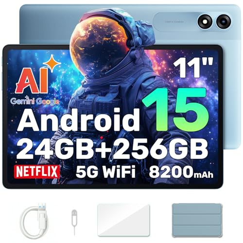 Blackview Tablet 11 Zoll Android 15 Gemini AI, 24GB RAM + 256GB ROM (2TB TF)/8200 mAh Akku/1920 * 1200 FHD IPS Widevide L1/Face ID/PC Mode/Octa-Core Gaming Tablet mit Hülle