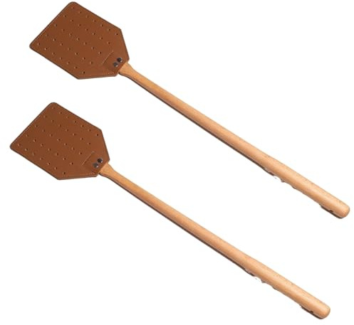 Fliegenklatsche aus Leder, 2 Stück, manuelle Fliegenklatsche mit langem Holzgriff, PU-Leder, tragbare Fliegenklatsche für Restaurant, Schlafzimmer, Küche und Zuhause