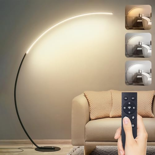Dimmable Arc Floor Lamp for Living Room, 25W LED Standing Lamps with Remote Control, 3 Color Temperature & 5 Brightness, Memory Function, Modern Floor Reading Lamp for Bedroom Office, Black 170CM