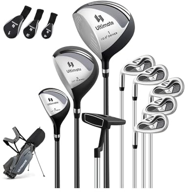 COSTWAY Set Completo di Mazze da Golf per Mancini da Uomo, Borsa Portatile con Supporto e Cappuccio Antipioggia, Include Driver 1 da 460CC, Fairway 3, Ibrido 4, Ferri 6, 7, 8, 9, P e Putter (Grigio)