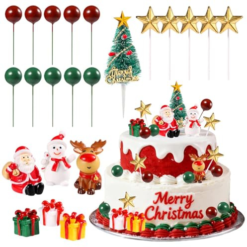 Christmas Cake Toppers,22Pcs Christmas Party Decorations Set with Santa Snowman Reindeer Tree for Cake Cupcake Gingerbread House