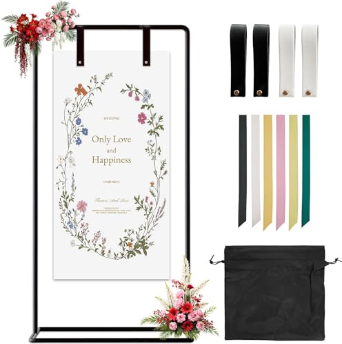 Wedding Welcome Sign Easel Stand for Display, Adjustable Black Easel Stand for Wedding 31.5in*68.9in, with Storage Bag, 6 Ribbons, 4 Leather Straps, Banner Stands for Seating Chart,Posters, and Decor