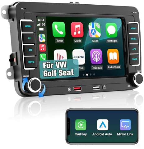 Car Radio with Wireless A-ppIe CarPlay and Android for VW Golf 5 6 Polo T5 Passat Touran Seat Skoda, 2Din 7Inch with Phone Navigation GPS, RDS/FM/AM, Mirror Link, Bluetooth, Touch Display, NOT Android