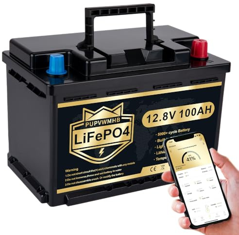 PUPVWMHB LiFePO4 12V 100AH Car Battery Bluetooth 100A BMS Over 5000 Times Low Cycle 1280W Lithium Battery Low Temperature Shutdown Protection for Motorhome, Camping, Boat