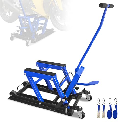 Vertlley 1500 LBS Hydraulic Motorcycle Lift Jack, Heavy Duty Steel Motorcycle Scissor Lift with Wheels and Handle, Foot-Operated Hoist ATV Lift Stand with 2 Ratchet Belts, Blue