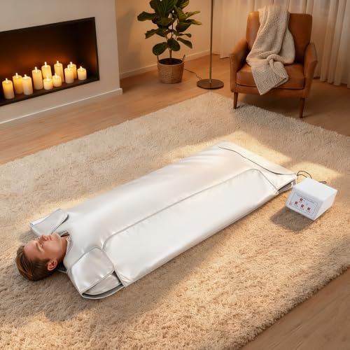 Infraröd bastufilt bärbar 180 x 80 cm med temperaturinställning och timerfunktion, 600 W vikbar infraröd filt för varm svettning, anti-aging skönhetsapparat, muskelavslappning och hudföryngring
