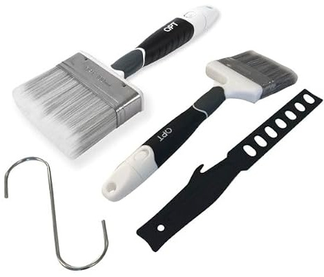 QPT Penselset För Fasad – Serie Deluxe – Komplett set med 75 och 100 mm vinklade fasadpenslar, hinkkrok och rörpinne – För målning av fasader utomhus