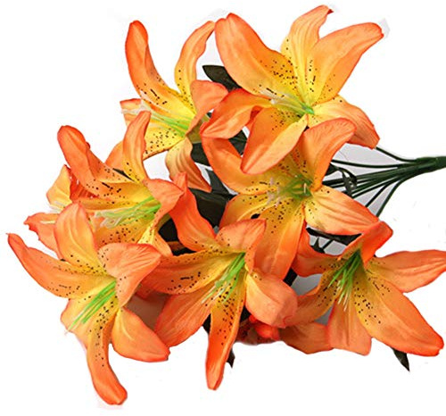 Artfen Artificial Lily 10 Heads Fake Lily Artificial Flower Wedding Party Decor Bouquet Home Hotel Office Garden Craft Art Decor Orange