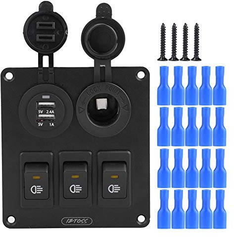 Keenso Auto Boot Wippschalter Panel, Wasserdichte Marine LED 3 Gang Wippschalter Schaltpanel + Doppel USB-Ladegerät + Zigarettenanzünder 12V/24V für Auto Boot Marine (Gelb) Boots-/Yachtteile
