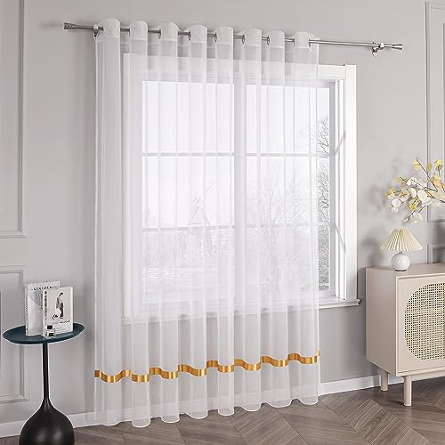 HongYa Stores Voile Gardine Schal Transparenter Vorhang mit Satinband Ösen H/B 145/450 cm Gelb