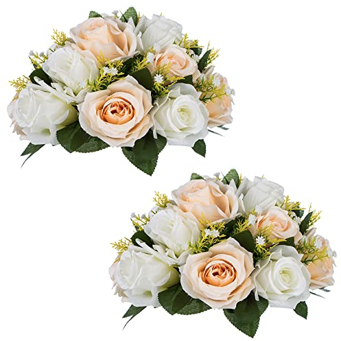NUPTIO 2 Stück Künstliche Blumenstrauß, 15 Köpfe Kunststoff Rosen mit Sockel, Geeignet für Unser Geschäft Hochzeit Herzstück Blumenregal für Parteien Valentinstag Dekoration(Champagner & Weiß)