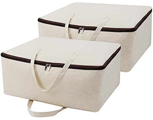 Pack of 2, Breathable Natural Cotton Canvas Soft Storage Bags with Handles & 3-side Zip, Good for Clothing Blankets Duvets Pillows Organizer in Wardrobe, Closet, Beige