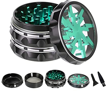 Clear Top Herb Grinder - Aluminum Alloy Spice Grinder with Lightning Pattern, Wavy Grinder with Pollen Catcher, 2.5 Inch 4 Pieces, Black