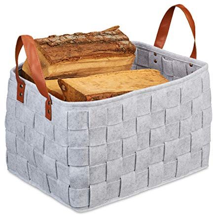 Relaxdays Borsa in Feltro, Cesta Ripiegabile Portariviste, Cesto con Manici HxLxP: 26 x 40 x 30 cm, grigio chiaro, PU, 1 pz