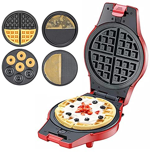 Sandwichera 4 en 1, Placas Intercambiables, Sandwich tostadora, Gofrera gofres belgas, Grill Plancha para Carne y Pescado, Placas con Recubrimiento Anti-adherente y Asa de Toque Frío