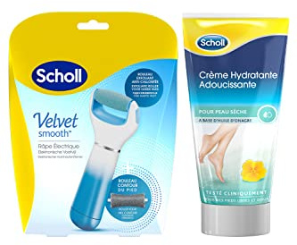 Scholl Routine Complète Exfoliation Hydratation : Râpe Pieds électrique Velvet Smooth Rouleau Exfoliant et Crème Hydratante Adoucissante 150ml