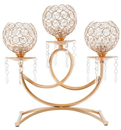 Crystal Candle Holder with 3 Arms Gold Crystal Bowl Tealight Holder Candelabra,Table Centerpieces for Dining Room Living Room Tea Light Candle Holders Wedding Coffee Home Decor Christmas Decorations