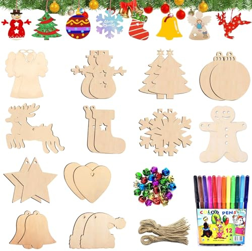 Weihnachten Bastelset 90 Stück Holz Anhänger Weihnachten Weihnachtsdeko Basteln für Kinder Weihnachtsbasteln mit Juteseil Glöckchen Bunt Anhänger für Weihnachten Malerei u