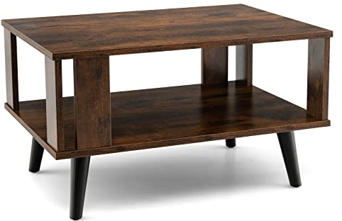 COSTWAY 2-Tier Coffee Table, Industrial Wooden Cocktail Tea Center Table with Open Storage Shelf, Rectangle Accent End Sofa Side Tables for Living Room, Bedroom and Office (Rustic Brown)