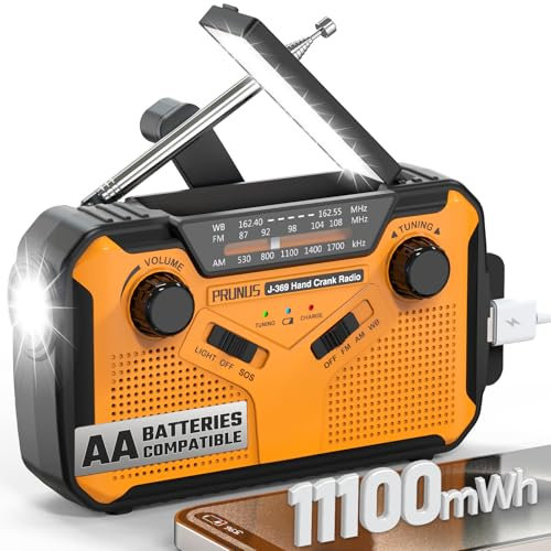 PRUNUS J-369 Radio météo d'urgence 11100 mWh, piles AA/manivelle/solaire/chargement USB, NOAA/AM/FM, lampe de poche LED et lampe de lecture, alarme SOS et lampe de poche
