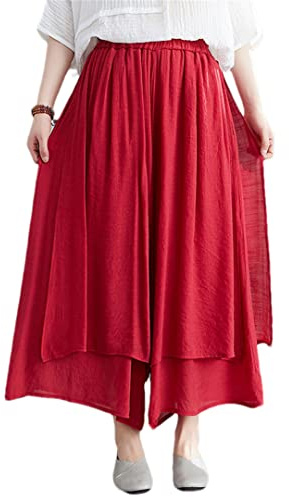 ERFMFKL Dam bomull linne breda ben byxor enfärgad elastisk midja beskuren Hakama, Röd, en storlek