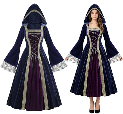 maxToonrain Mittelalterliches Kostüm für Damen, Kopfschmuck, Halloween-Kostüme, Renaissance-Kleid, Burgunderrot, Vintage, Gothic, Samt, viktorianisches Kleid, Weltbuch-Kostüm für Damen (Blau, Größe