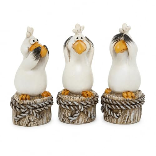ReWu Dekofiguren Möwe Harrys 3er-Set aus Kunstharz Wohndekoration Maritim Gartendekoration Gartenfigur in Beige, Dunkelgelb, Grau und Weiß