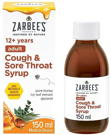 Zarbee's Adult Cough and Sore Throat Syrup, 150 ml, Honey-Based Relief for Dry or Chesty Cough, Sore Throat Relief, Alcohol Free, No Artificial Colours or Flavours, Suitable For Adults