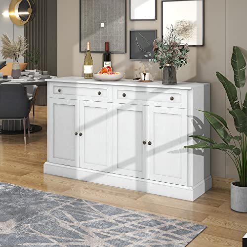 Merax Sideboard Kommode mit 4 Türen und 2 Schubladen, moderner Buffetschrank mit viel Stauraum, Verstellbares Regal, Holz Mehrzweckschrank für Flur Esszimmer Wohnzimmer, Landhausstil, Weiß