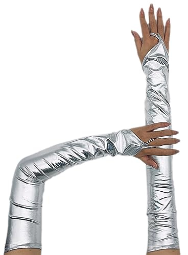 Lackleder Lange 55cm Handschuhe Fingerlos Damen Sexy Beschichtete Hakenfingerhandschuhe Abendhandschuhe für Hochzeit, Abschlussball, Teeparty - Kleidungs Zubehör, Silber
