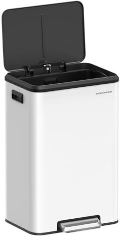 SONGMICS Poubelle de cuisine de 40 l avec couvercle et pédale large, fermeture douce et reste ouverte, blanche ULTB541W40