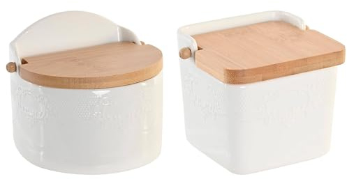 LEKE GO Salero y Azucarero de porcelana blanco con tapa de madera estilo nordico (Salero y Azucarero)