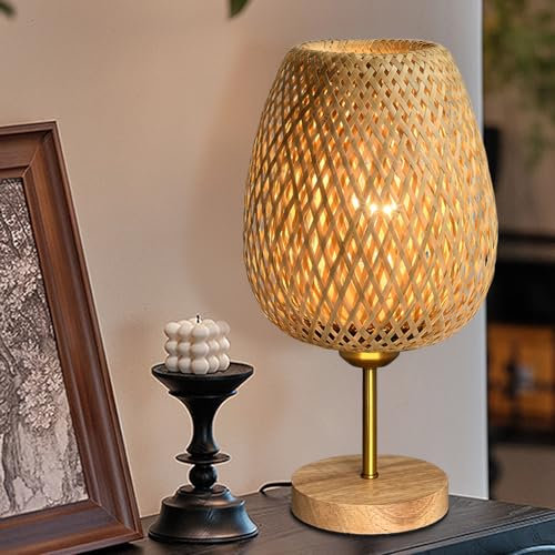 HHMTAKA Wicker Bedside Lamps, Table Lamp for Living Room Bedroom, Small Lamp with Double Layer Bamboo Lampshade for Kids Room, Study, Dorm, Office(E27 Bulb Included)
