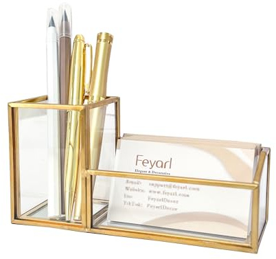 Feyarl Schreibtisch Organizer aus Glas Stiftehalter & Visitenkartenhalter | Elegantes 2-in-1 Design Metall Stifte und Visitenkarten ordentlich aufbewahren ideal für Büro & Homeoffice