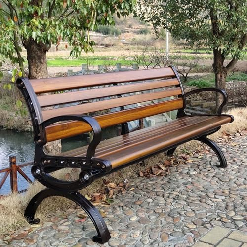 HJYryhyfddply Outdoor-Gartenbank, Terrassen-Parkbank, Metall-Stahlrahmen-Möbel mit Rückenlehne Und Armlehnen for Veranda, Hof, Rasen, Terrasse, Braun (Size : 180CM/70.8IN)