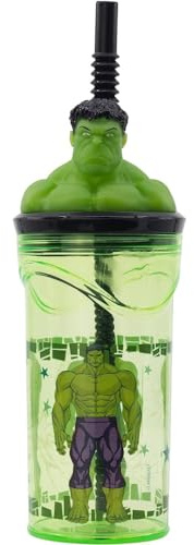 CARTOON Bicchiere con cannuccia con personaggio 3D in plastica riutilizzabile BPA Free capacità 360 ml (Hulk (1))