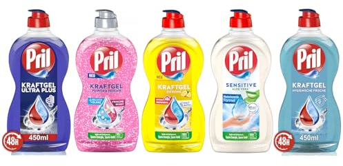 PRIL-Set Kraftgel 1x Power & Perlen Granatapfel & Orangenblüte & 1x Ultra Plus & 1x Zitrone & 1x Hygienische Frische & 1x Sensitive Aloe Vera, Handgeschirrspülmittel-Set, 5x 450ml
