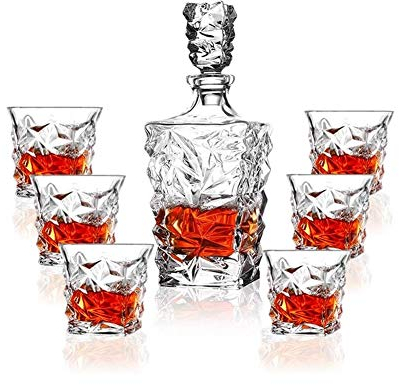 Botellero Botellero Soporte para copas de vino Juego de decantador de whisky de primera calidad Juego sin plomo de 4 vasos sofisticados para whisky, whisky escocés, bourbon y ron en una caja de reg
