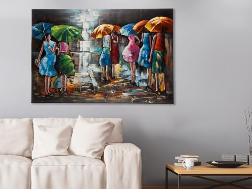 Casablanca Deko Bild Wandbild Wohnzimmer groß - Metallbild 3D Optik - Motiv: Frauen im Regen mit Regenschirm - rechteckig handgefertigt - mehrfarbig bunt 120 x 80 cm