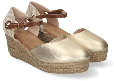 shoes&blues.es 84239 Sandalia de Cuna de Yute para Mujer, Comodas y Elegantes, Pala Cerrada, Yute con Adornos Brillantes y Cierre de Hebilla Ajustable. Oro Talla 40