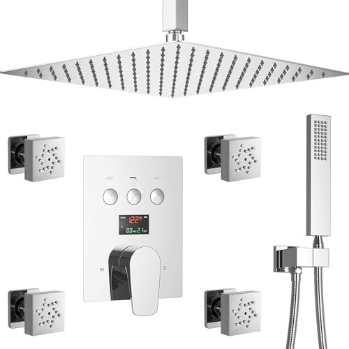 handheld shower12 Inch Shower Faucet Set, Chrome Rain Shower System with Integrated Valve with Digital Display, Full Body Shower Faucets, Dual Function Body Jet and Square Shower Head Combo,