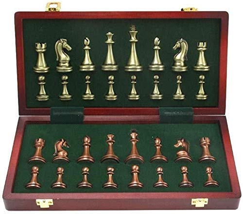 DDNGEJ Schachspiele und Bretter, internationales Set, großes Deluxe-Retro-Schachspielset aus verkupferter Legierung aus Metall für Erwachsene, tragbares Brettspiel in Holzkiste