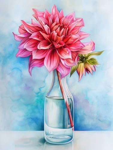 MAFANG 5D Diamond Painting Bilder Dahlien In Vase Diy Runde Vollbohrer-Diamantgemälde Mit Diamanten，Edelsteinkunst Und Kunsthandwerk Für Die Wanddekoration 40x50cm