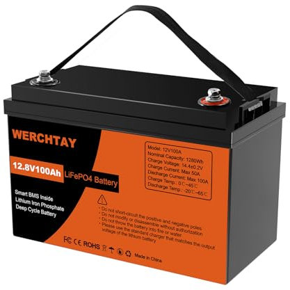 WERCHTAY LiFePO4 12V 100 Ah Lithiumbatterie mit BMS, 4000–15000 Zyklen,10 Jahre Lebensdauer,Deep Cycle-Batterie mit Niedertemperaturschutz für Wohnmobile, Schiffe, Solarpanel Kit,Camping