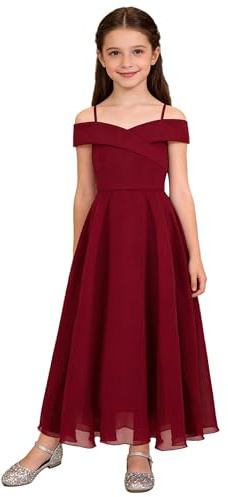 Vxuxlje Enfant Fille Robe Soirée Princesse Epaule Nue Robe Demoiselle d'honneur Mariage Cérémonie Robes de Fête Bal 6-16 Ans Bourgogne 15-16 Ans