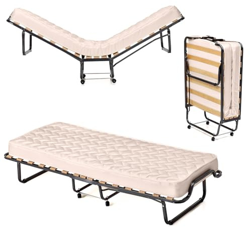 LIFEZEAL Fällbar säng med madrass, vikbar metallsäng på hjul, gästsäng enkelsäng med dubbel allergivänliga fiberfyllning och minnesskum, tillverkad i Italien (200 x 80 cm)