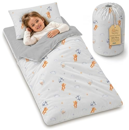 Saco de dormir infantil con almohada y cremallera para bebés de 3 a 7 años - 75x140 cm Saco de dormir para interiores de para guardería jardín de infancia Oeko-Tex 75 x 140 Ositos de peluche