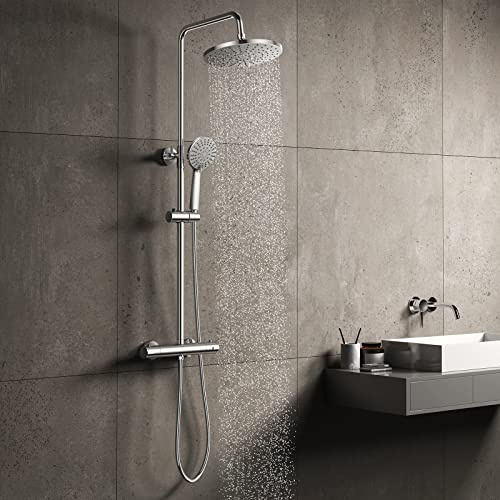 KOMIRO Duschsystem mit Thermostat, Duscharmatur mit Thermostat, 23 x 23 cm Regendusche, 5 Strahlarten Handbrause, Duschstange Edelstahl Regenwalddusche Komplett für Duscheset, Chrom (style2)