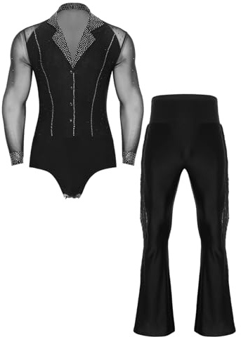 inlzdz Herren Tanzbody Tanzhemd Langarm Hemdbody Glitzer mit Schlaghose Tanzhose Männer Latein Tango Standard Dance Outfit Schwarz L