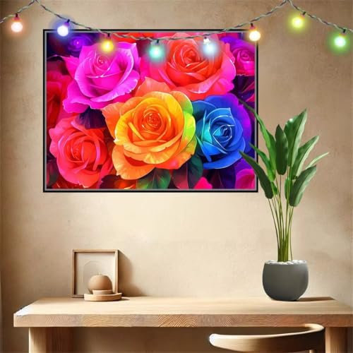 Malen nach Zahlen Erwachsene Farbige Rose,Paint by Numbers Knitterfreie Leinwand Kit für Anfänger,DIY Basteln Acrylfarbe Handgemalt Ölgemälde Kit für Wand Dekoration Weihnachten Geschenk 40x50cm